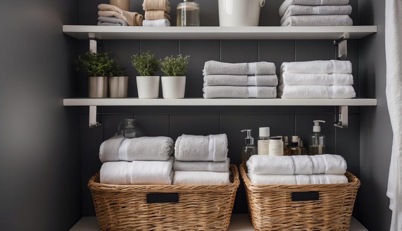 A bathroom with organized shelves, labeled bins, and hanging organizers. Towels neatly folded and stacked. Under-sink storage utilized with baskets. A minimalist, clutter-free space