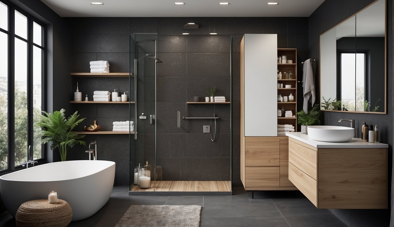 A bathroom with cleverly designed storage solutions, such as multi-functional cabinets and shelves, maximizing space without the need for renovations