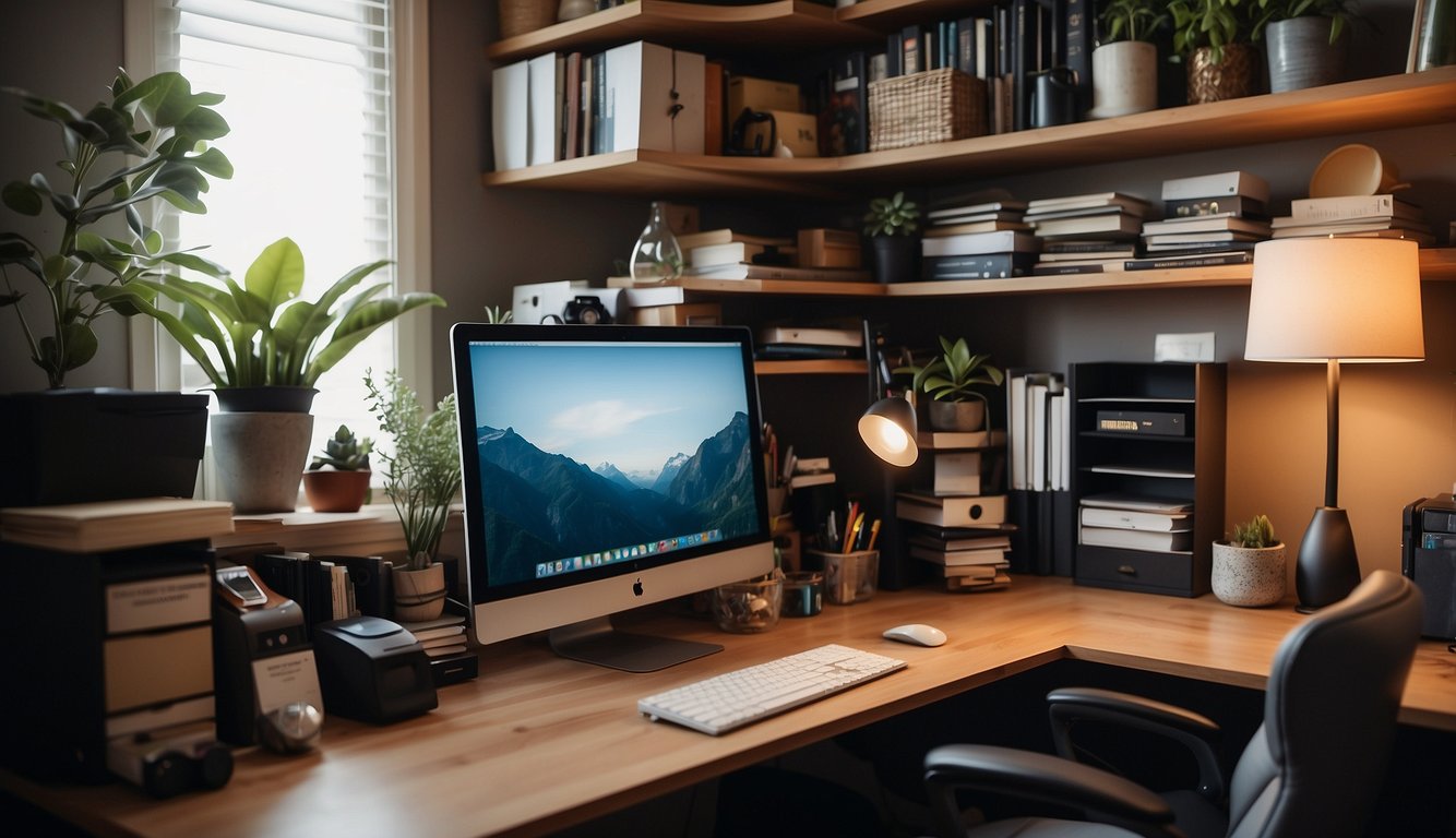 A cluttered home office with overflowing shelves and disorganized desk. Utilize wall-mounted shelves, under-desk storage, and multi-functional furniture for maximizing storage