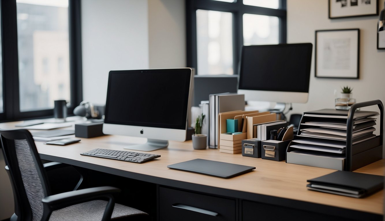 A tidy desk with organized shelves, labeled storage bins, and a sleek filing cabinet. A clutter-free workspace with efficient storage solutions