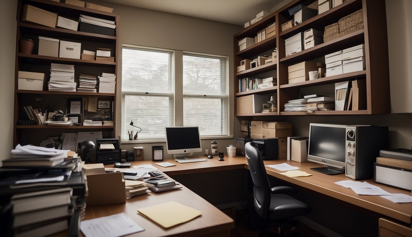 A cluttered home office with limited storage. A desk with papers and supplies spilling over. Shelves and cabinets overflowing. A small space with potential for organization and efficiency