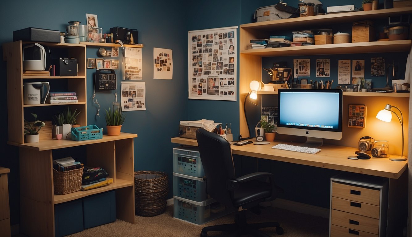 A cluttered dorm room with stacked storage bins, hanging organizers, and under-bed storage solutions. A small desk with shelves and a wall-mounted pegboard for additional storage