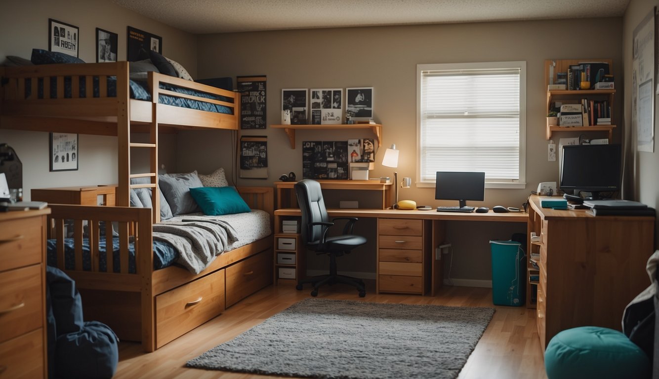 A dorm room with furniture arranged for maximum storage, bins neatly organized, creating more space without renovations