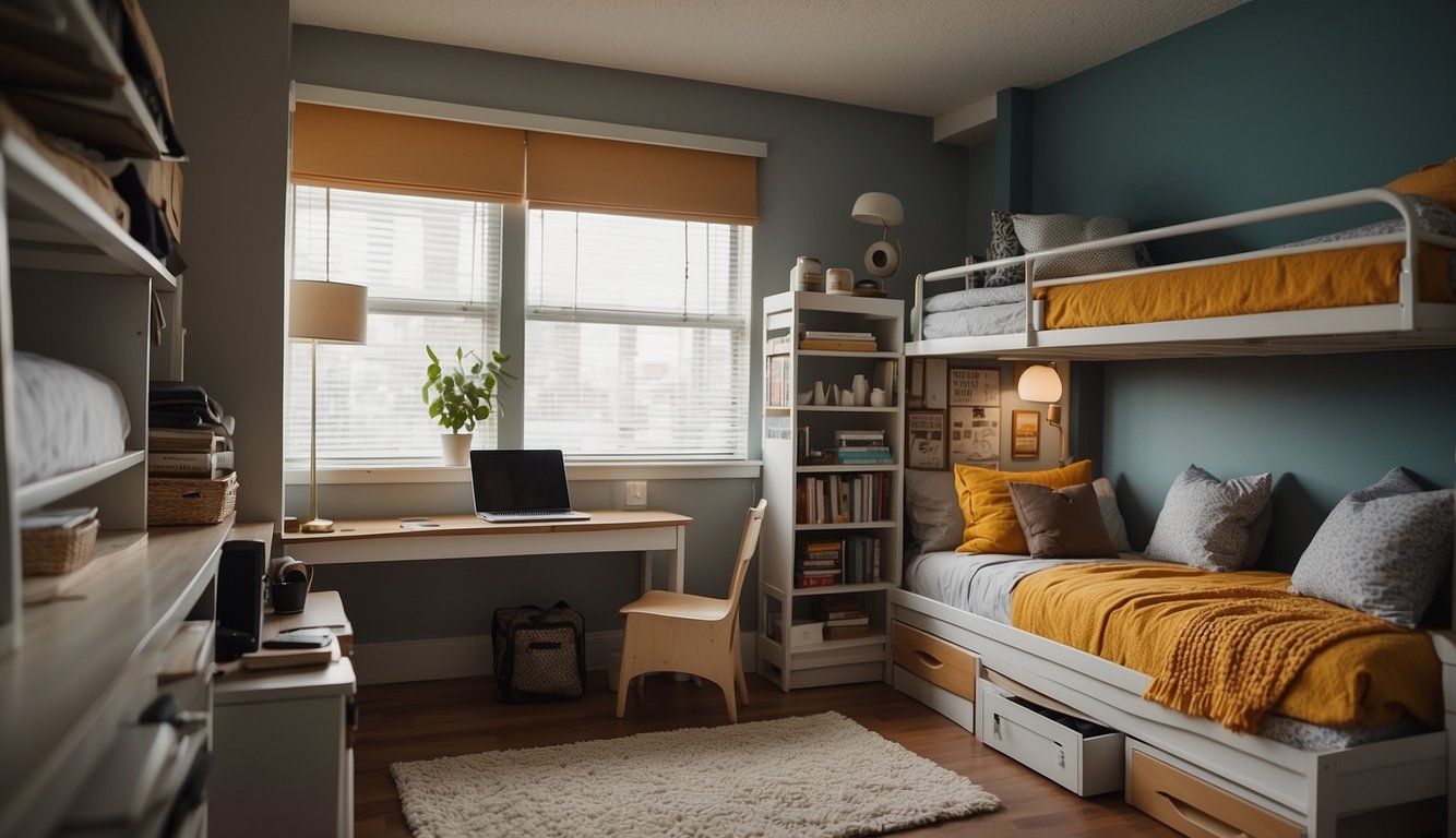 A dorm room with cleverly organized storage solutions, utilizing under-bed space and wall-mounted shelves. Books, clothes, and personal items neatly arranged for efficient use of space