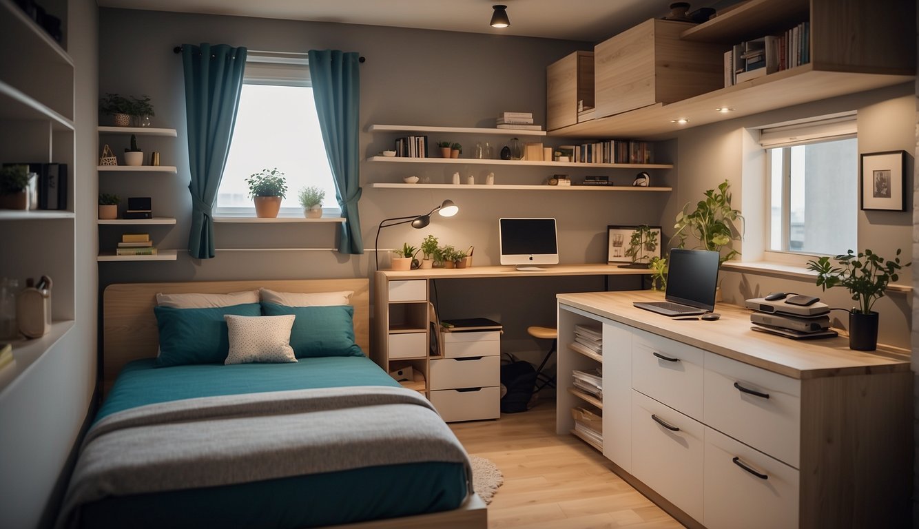 A small studio apartment with clever storage solutions: wall-mounted shelves, under-bed storage containers, and multi-functional furniture