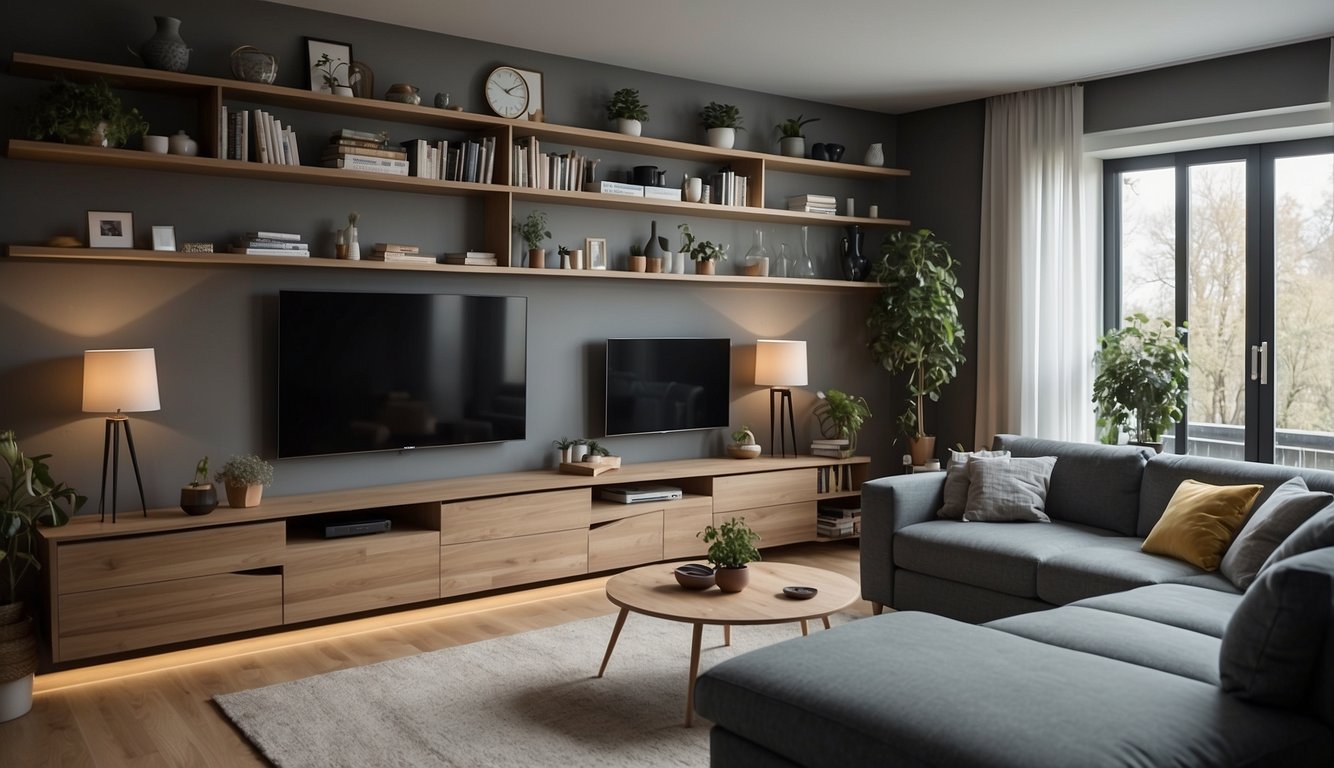 A small living room with cleverly hidden storage solutions: wall-mounted shelves, under-sofa storage, and multi-functional furniture. Clutter-free and organized