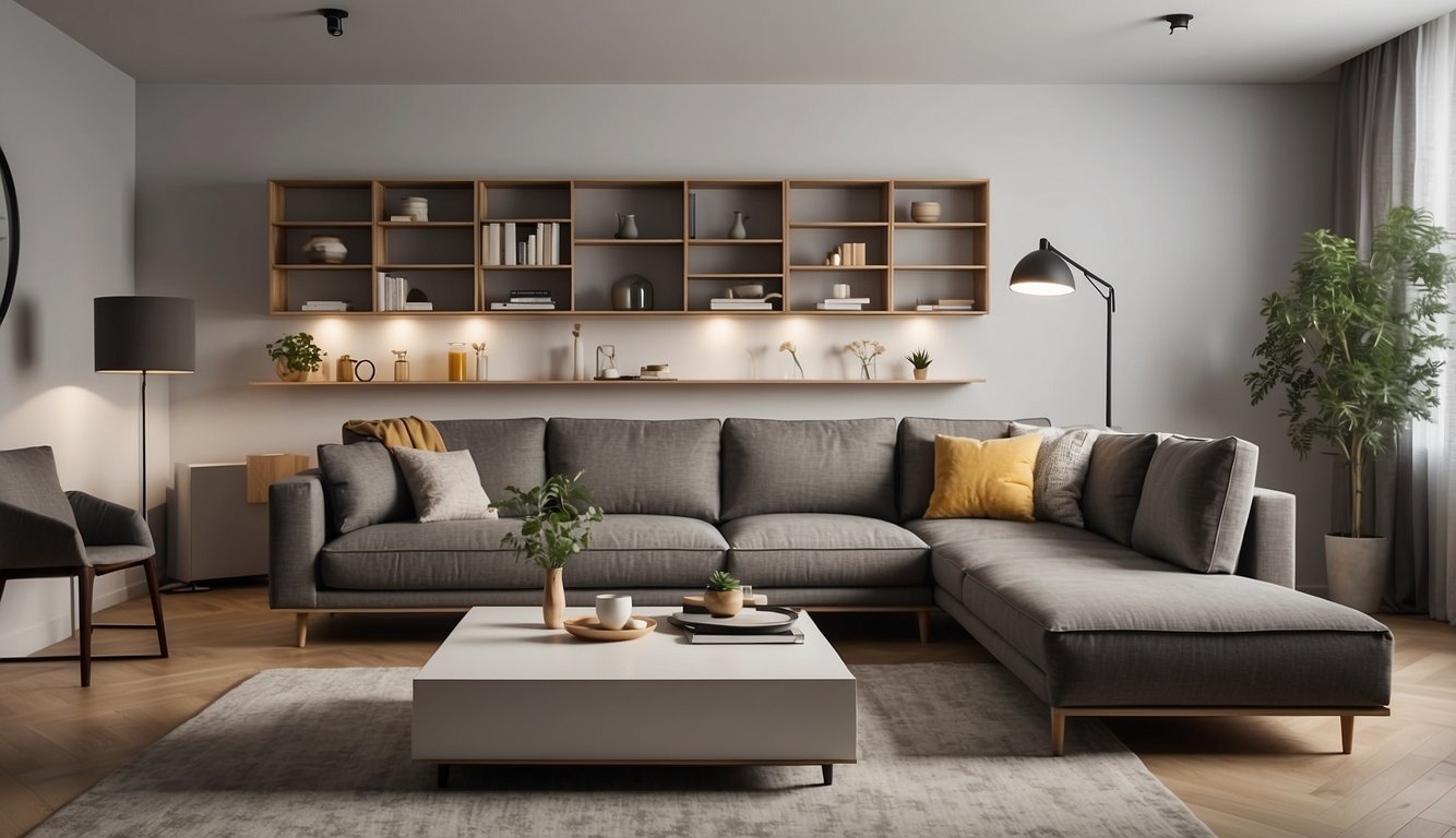 A small living room with clever storage solutions: floating shelves, under-sofa storage, and wall-mounted organizers. Balanced layout with minimal furniture