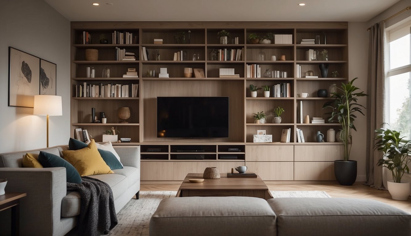 A small living room with cleverly organized shelves, multi-functional furniture, and hidden storage solutions, creating a cozy and clutter-free space