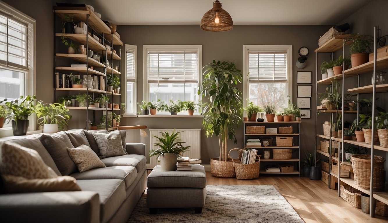 A small living room with shelves and hooks on the walls, organizing books, plants, and decor. Baskets and bins neatly store items under furniture