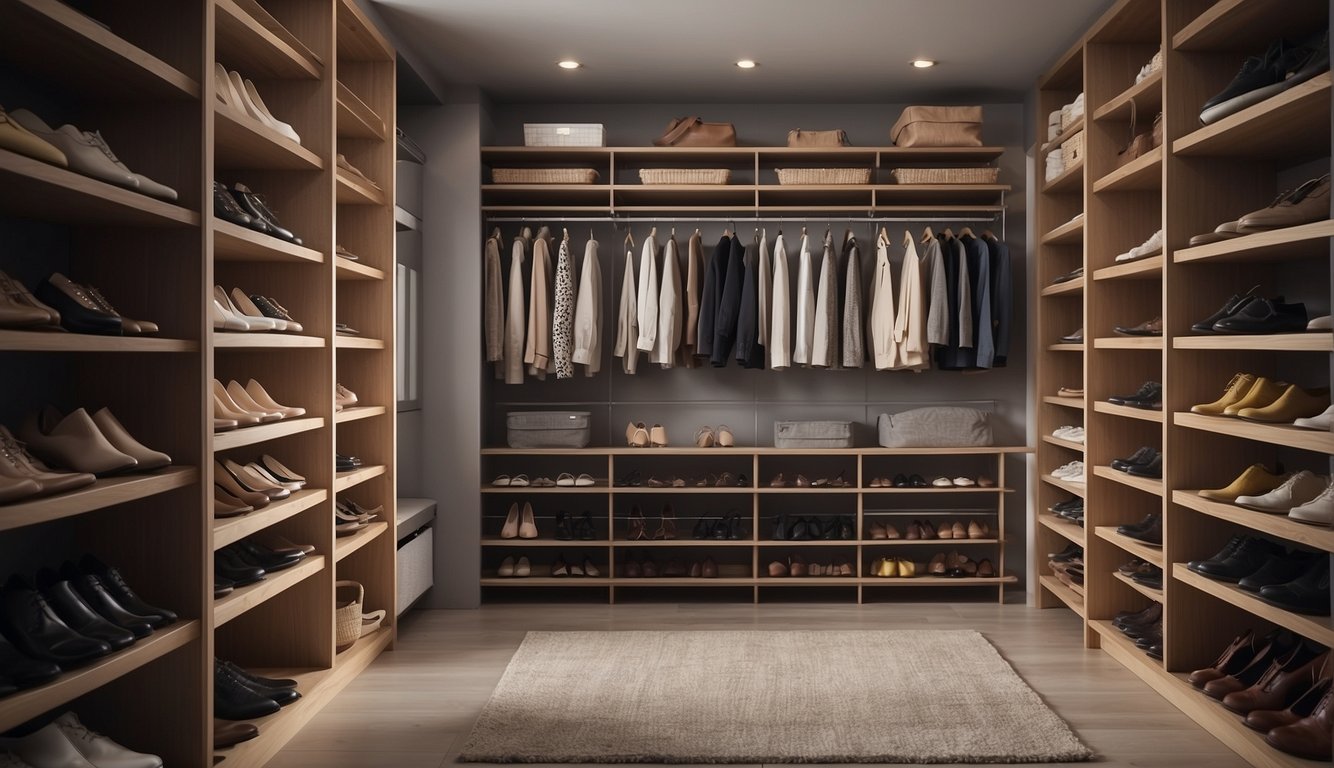 A closet with clever shoe and accessory storage solutions, utilizing shelves, hanging organizers, and space-saving racks