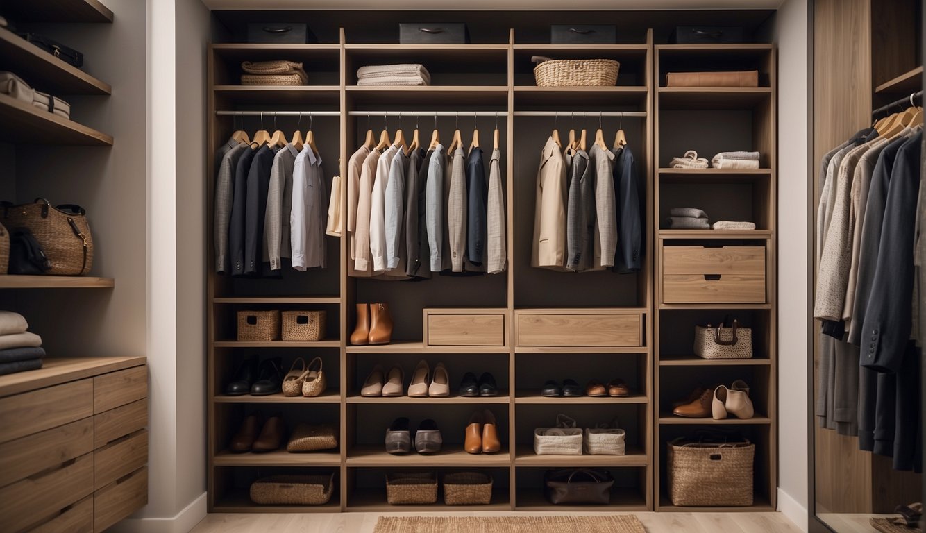 A closet with shelves and hanging organizers, utilizing vertical space for maximum storage without renovation