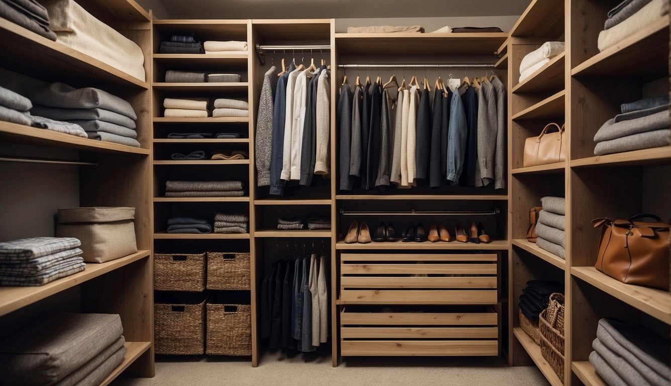 Closet shelves and organizers maximize space. Boxes and bins neatly store items. Hooks and hangers hang bags and accessories