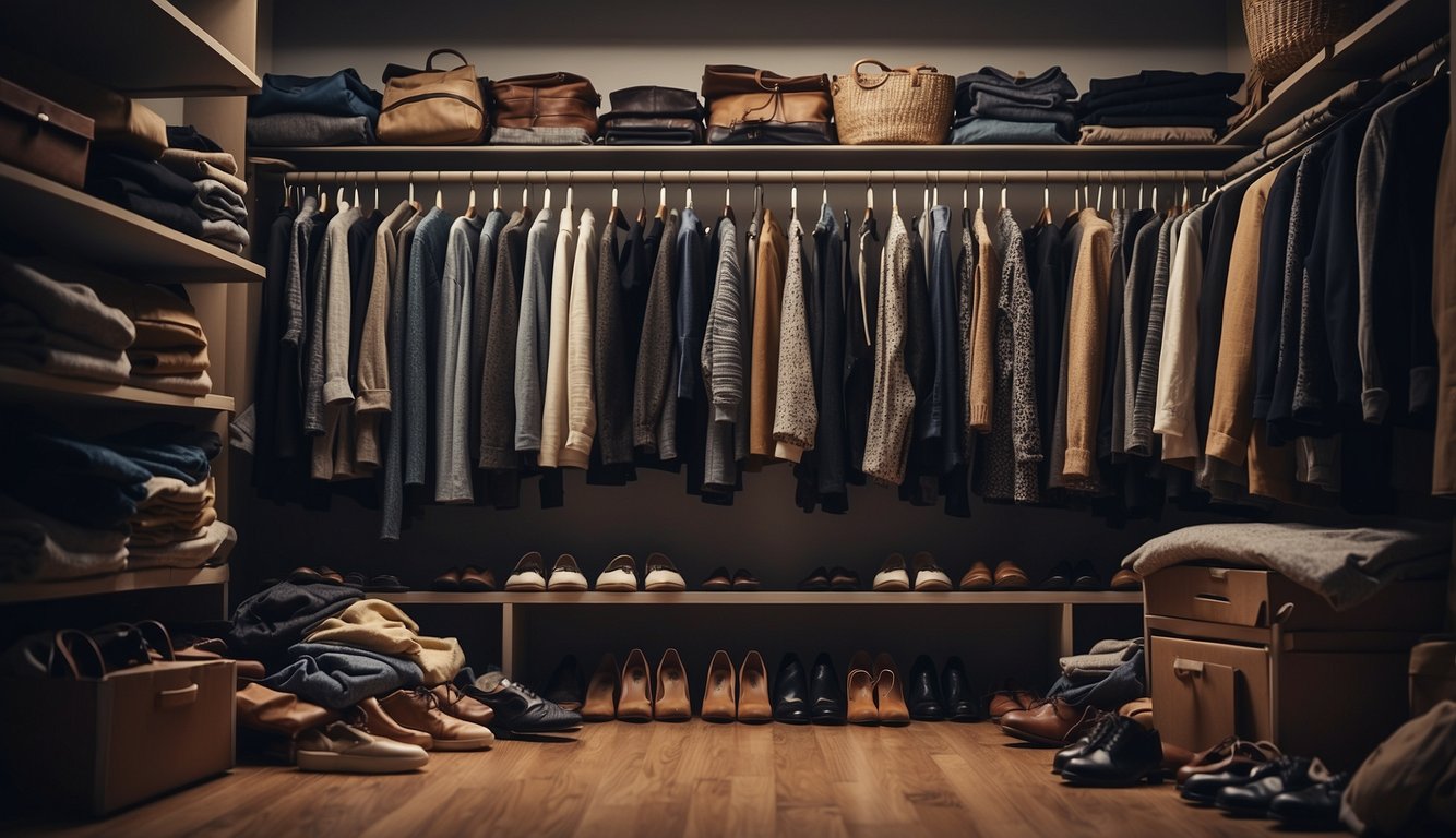 A cluttered closet with overflowing shelves and haphazardly hung clothes. Shoes scattered on the floor. Limited space for storage