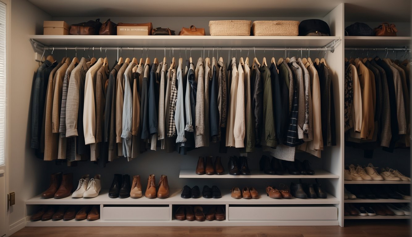 A cluttered closet with unused vertical space. Shelves and hooks added to maximize storage. Clothes neatly organized and shoes neatly lined up