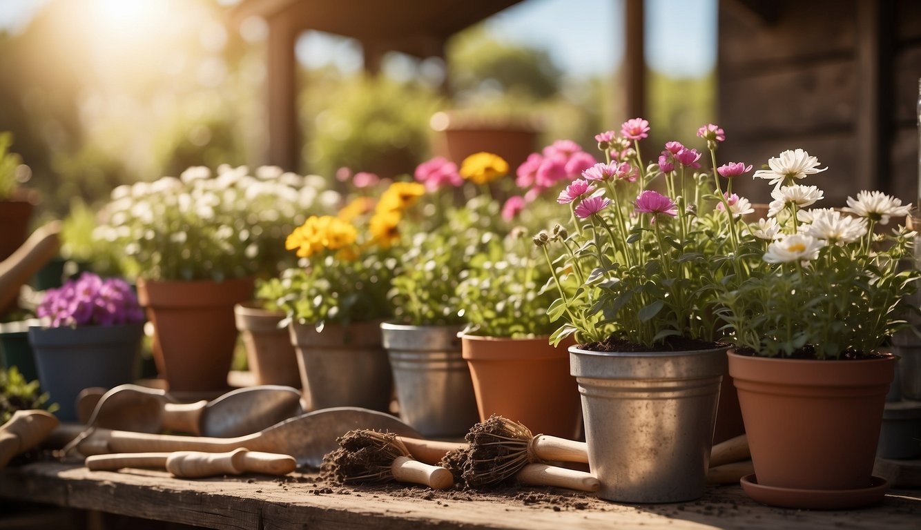 A sunny garden with blooming flowers, freshly tilled soil, and neatly organized gardening tools and supplies. A wooden shed or storage area filled with neatly stacked pots, seeds, and gardening gloves