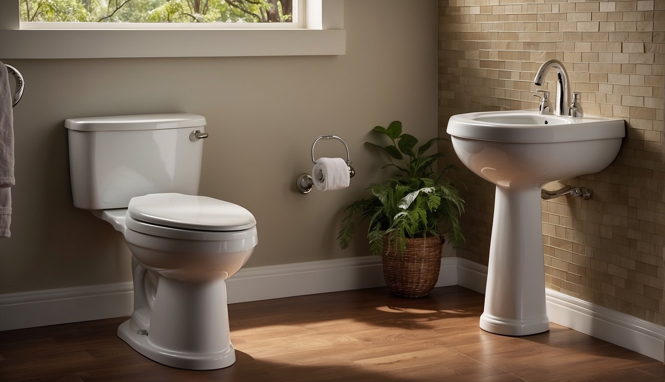 A Kohler Cimarron toilet with a handle on the left side, water filling the bowl, and a flush lever on the top left