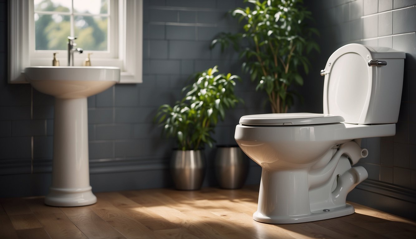 A Mansfield Alto toilet with a water tank and flush handle. Troubleshooting tools nearby