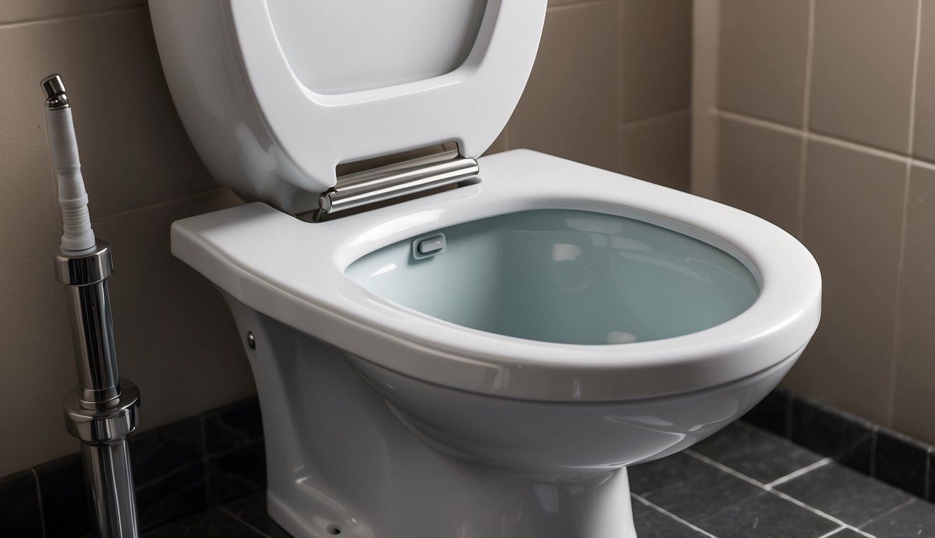 A Mansfield Vanquish toilet with open tank lid. Water level, flush handle, and fill valve visible. Troubleshooting tools nearby