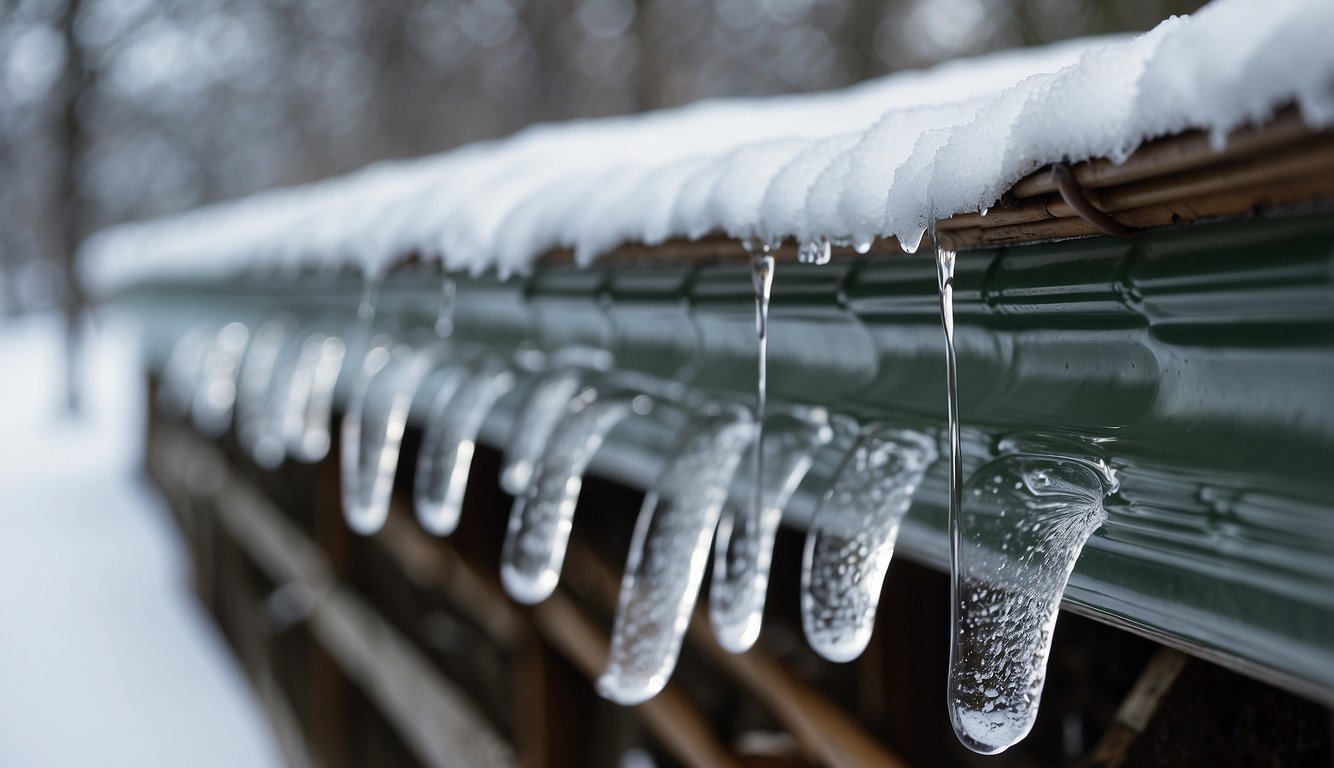 Snow-covered roof with frozen gutters. A gentle stream of warm water flows over the ice, slowly melting it away