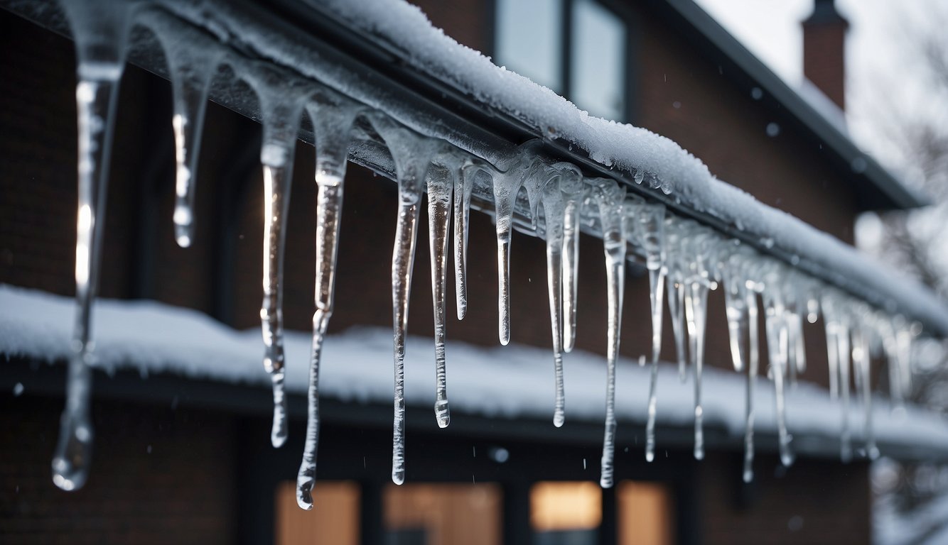 A house with icicles hanging from the gutters, steam rising as they are being thawed with a heat source