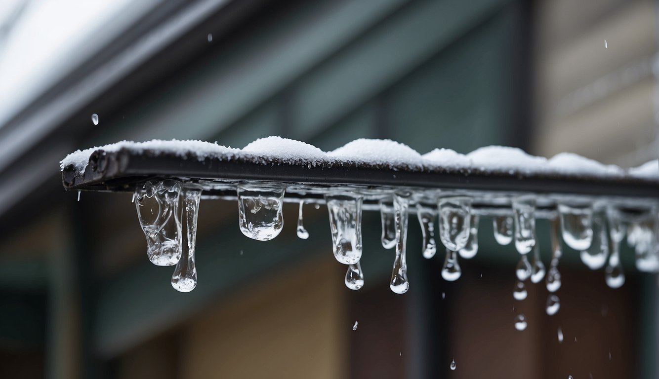 Gutters thawing with steam rising, ice melting, and water dripping down