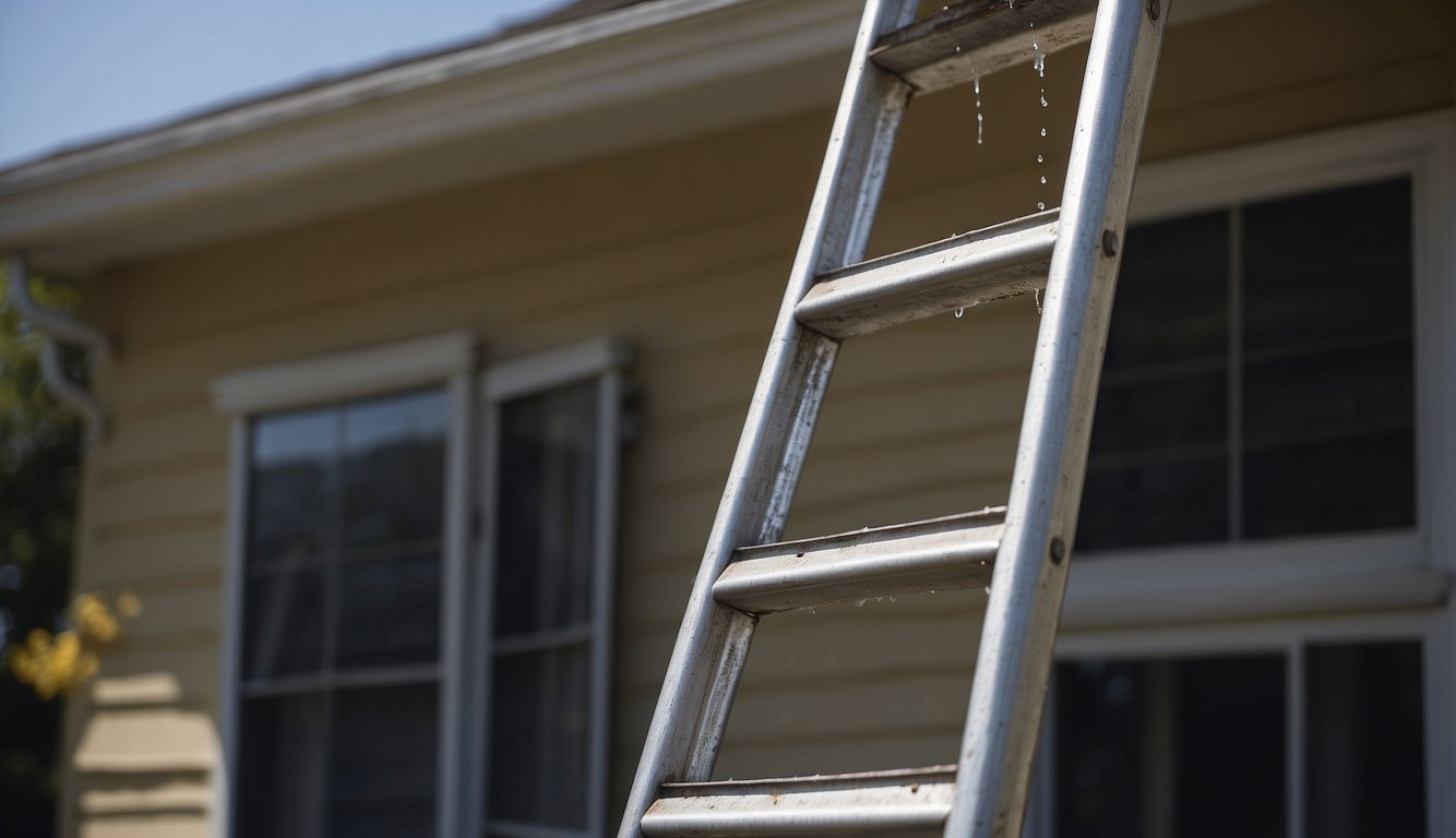 A ladder leaning against a house, a person using a hose to rinse debris from gutter helmet, and a bucket for collecting debris