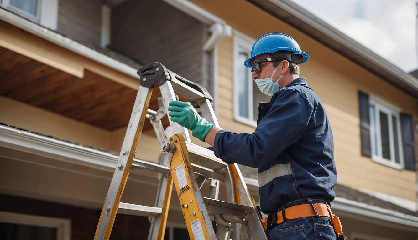 A person setting up a ladder against a two-story house, wearing gloves and safety goggles, with a bucket and scoop for removing debris from the gutters