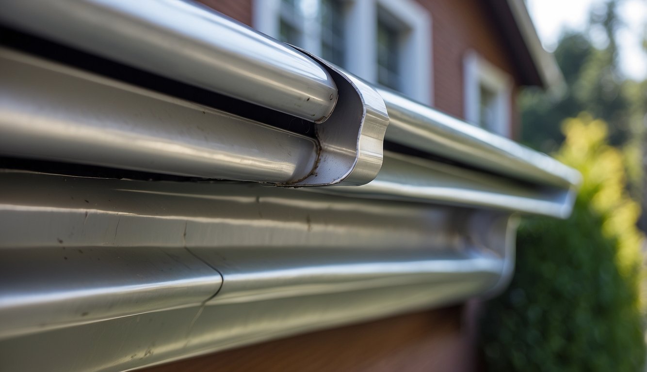 A comparison of vinyl and aluminum gutters, with vinyl appearing flexible and lightweight, while aluminum appears sturdy and metallic