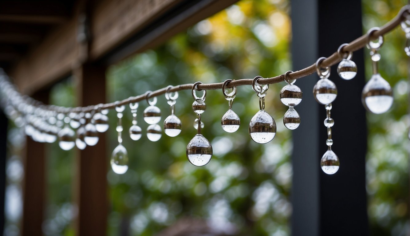 Rain chains hang from gutters, guiding water down in a decorative cascade. The chains replace traditional downspouts, adding a charming and functional touch to the home