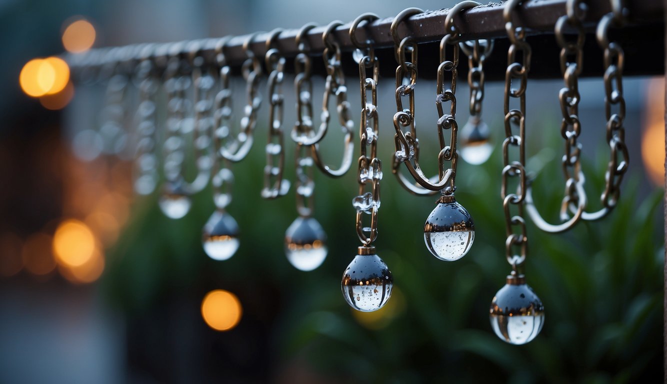 Rain chains hang from the gutter, guiding water downward. Each link or cup catches and directs the flow, creating a beautiful and functional display