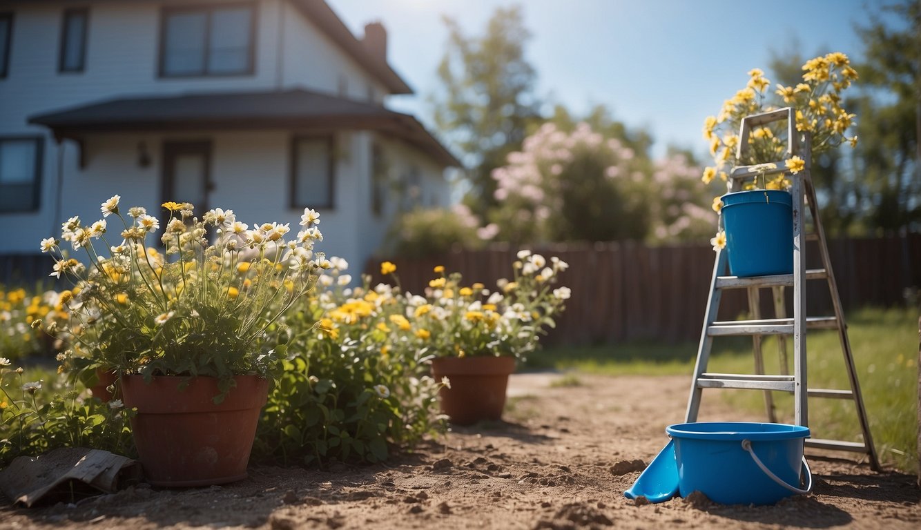 A ladder leaning against a house, a bucket of debris, and a pair of gloves on the ground. A clear blue sky and blooming flowers in the background