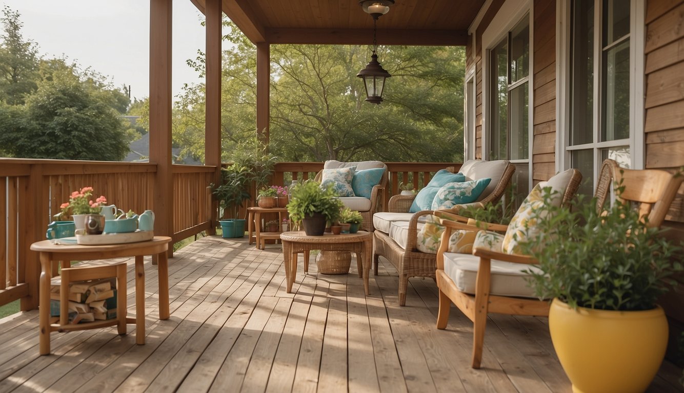 A porch with cluttered decor and inaccessible furniture. Avoiding mistakes like overcrowding and blocking pathways is key for practical and visually appealing design