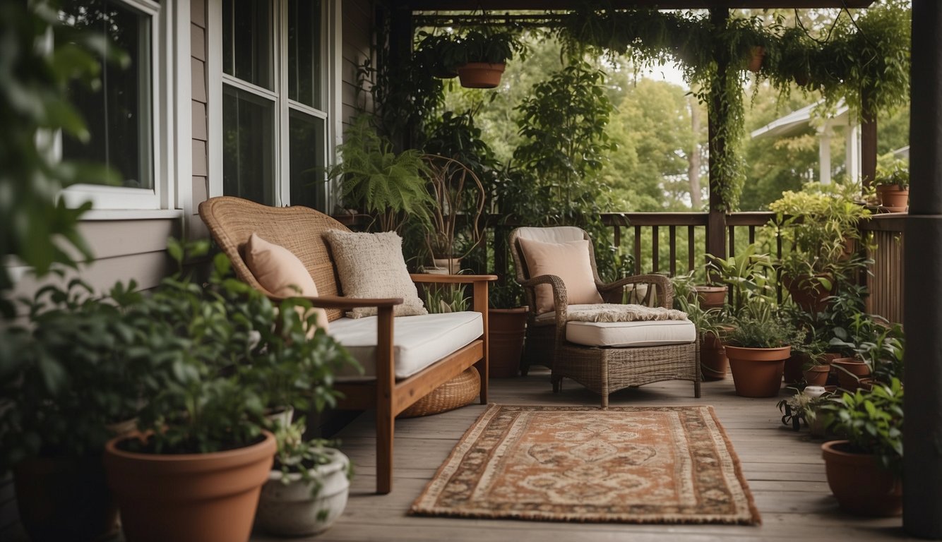 A porch cluttered with mismatched furniture and overgrown plants. A rug is askew, and the lighting is harsh. Aiming for a cozy and cohesive look
