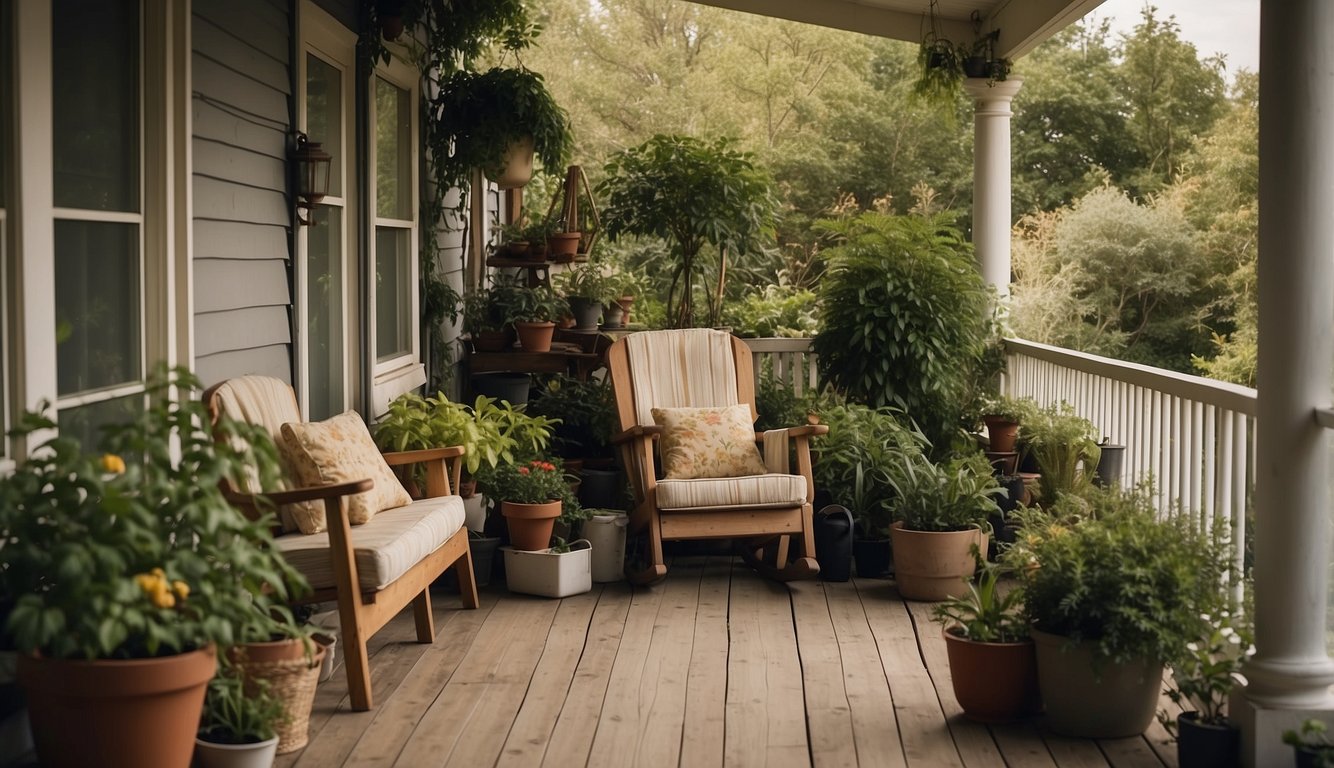 A cozy porch with mismatched furniture and clutter. Plants are overgrown and obstruct the walkway. A cluttered, disorganized space with no clear purpose