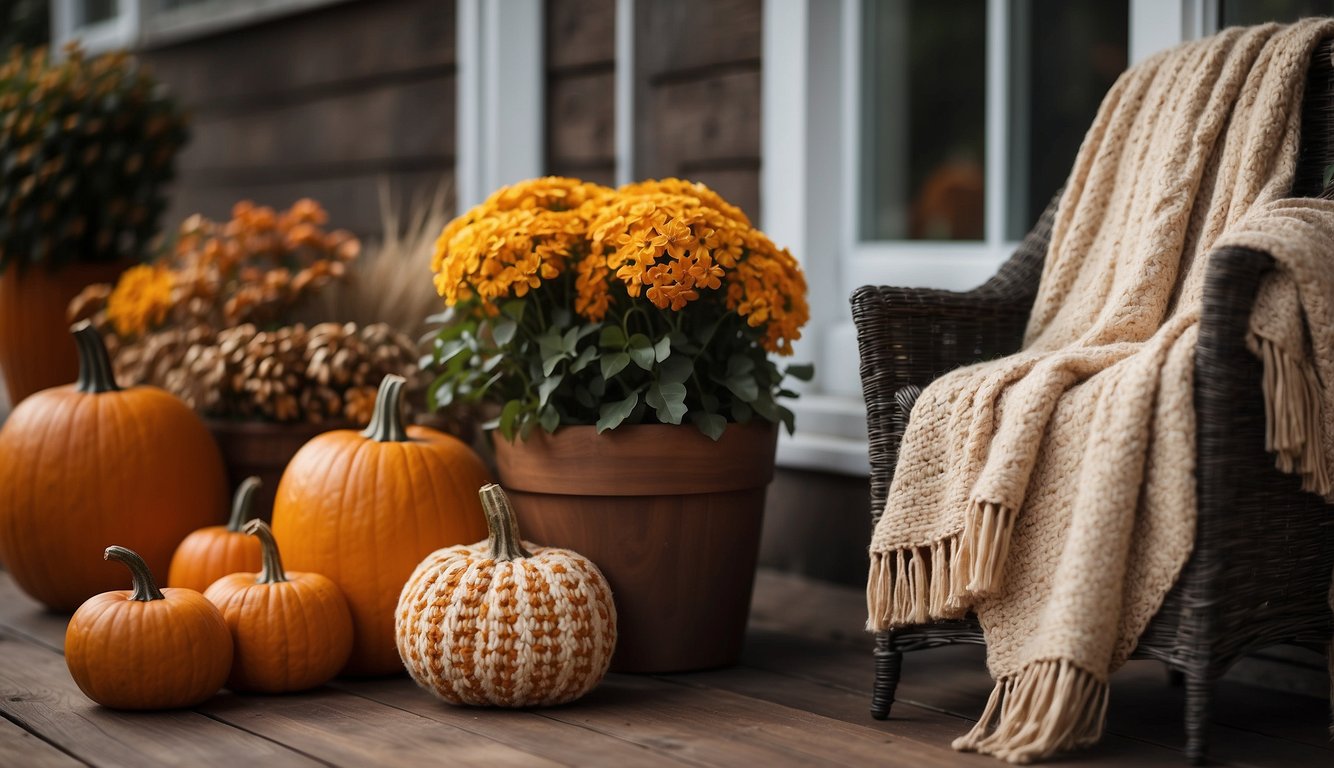 The small porch is adorned with fall-themed decorations and celebratory accents, creating a warm and inviting atmosphere. A cozy throw blanket drapes over a chair, while a pumpkin-spice scented candle flickers on a side table