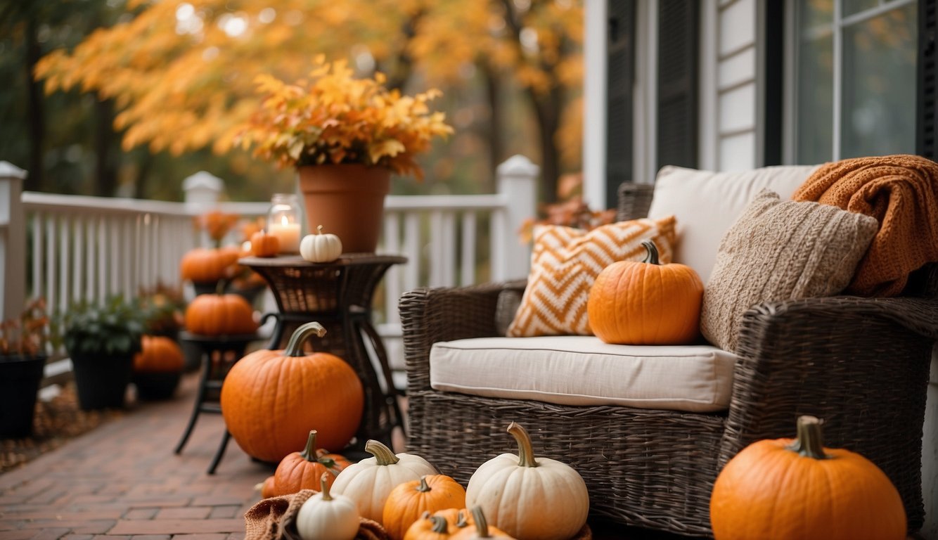 A small porch adorned with cozy fall decor, including pumpkins, lanterns, and a warm throw blanket draped over a chair. A steaming cup of coffee sits on a side table, surrounded by colorful autumn foliage