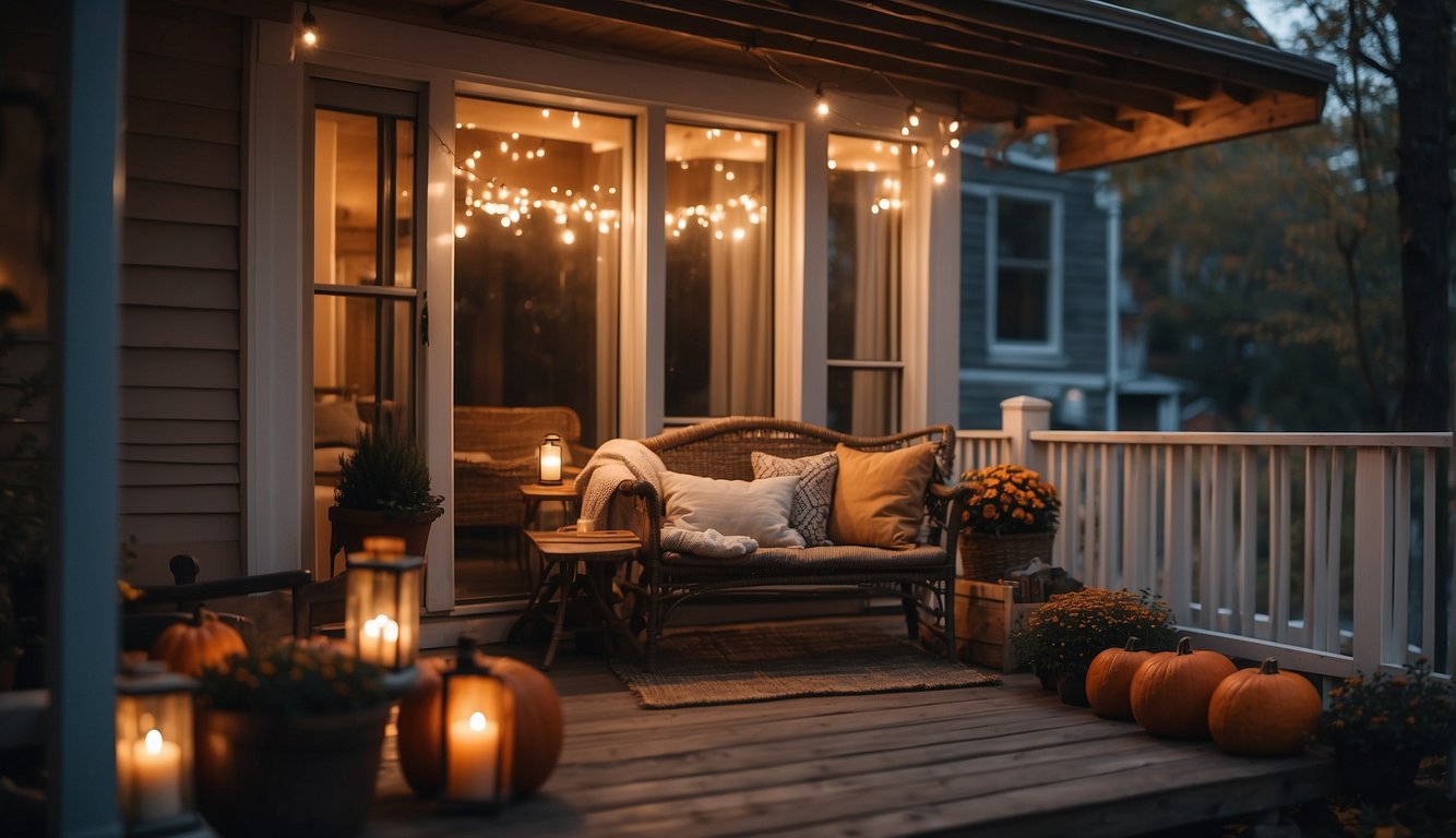 A small porch adorned with warm lighting and soft textiles, creating a cozy atmosphere for fall evenings