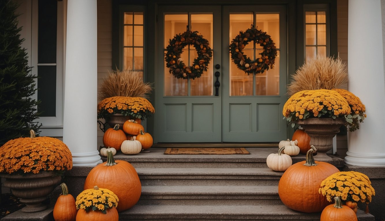 A small porch adorned with fall decorations in warm color schemes. Pumpkins, gourds, and autumn leaves create a cozy and inviting atmosphere