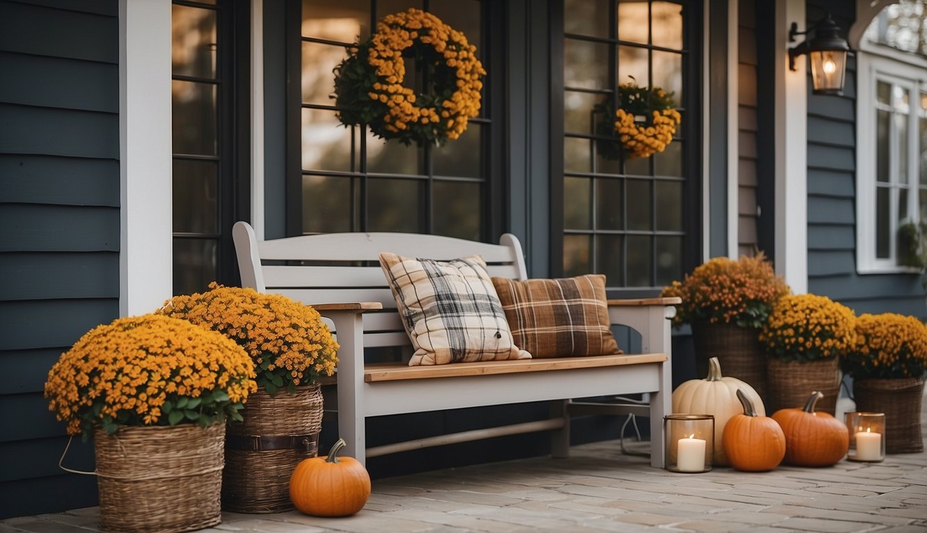 A small porch adorned with cozy fall decor: potted mums, string lights, and a rustic bench with plaid pillows