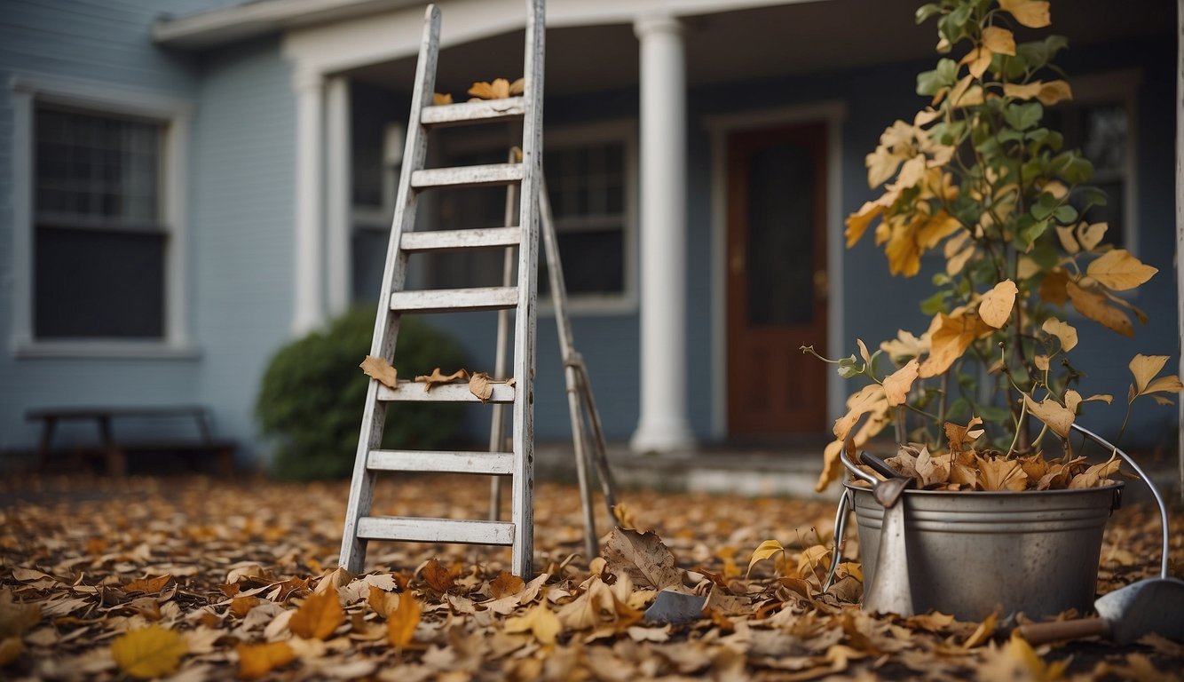 A ladder leaning against a house, with a bucket and scoop next to it. Leaves and debris scattered around the base of the ladder