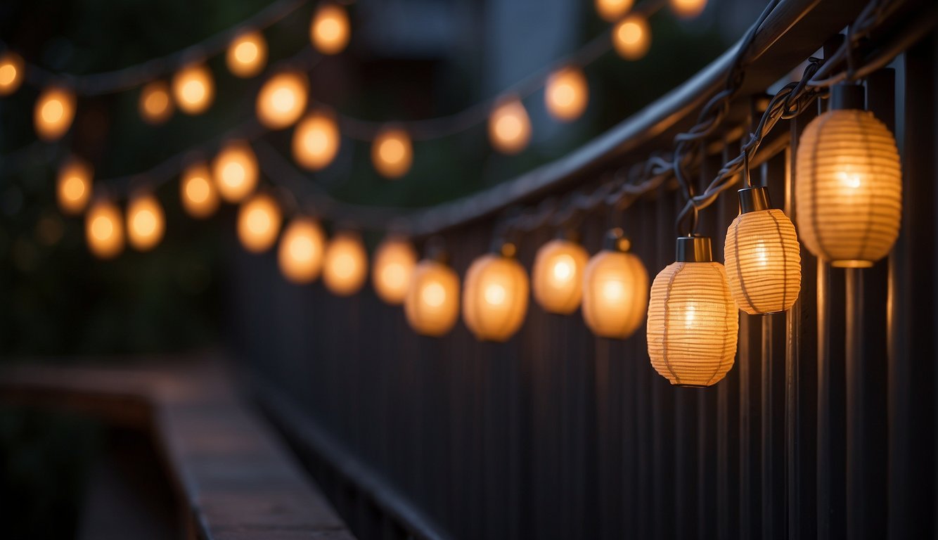 Soft string lights drape along the railing, casting a warm glow. Lanterns hang from the ceiling, emitting a soft, flickering light. A small table is illuminated by a cluster of candles, creating a cozy ambiance