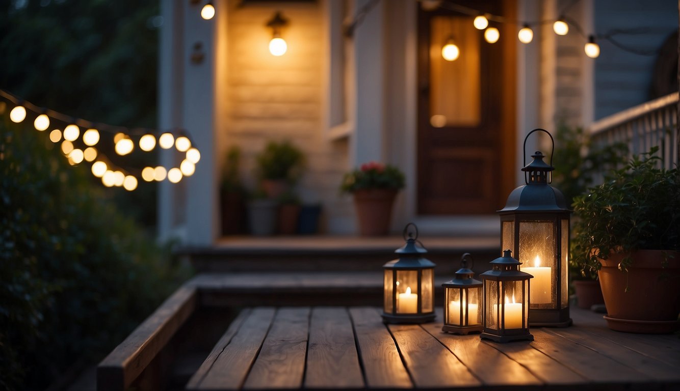 The small porch is illuminated by string lights, casting a warm and inviting glow. A lantern hangs in the corner, adding a cozy ambiance. Twinkling fairy lights adorn the railing, creating a magical atmosphere