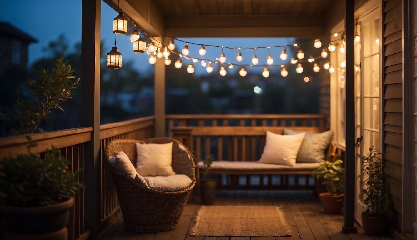 A small porch with string lights draped along the railing, a lantern hanging from the ceiling, and a cozy seating area illuminated by soft, warm lighting