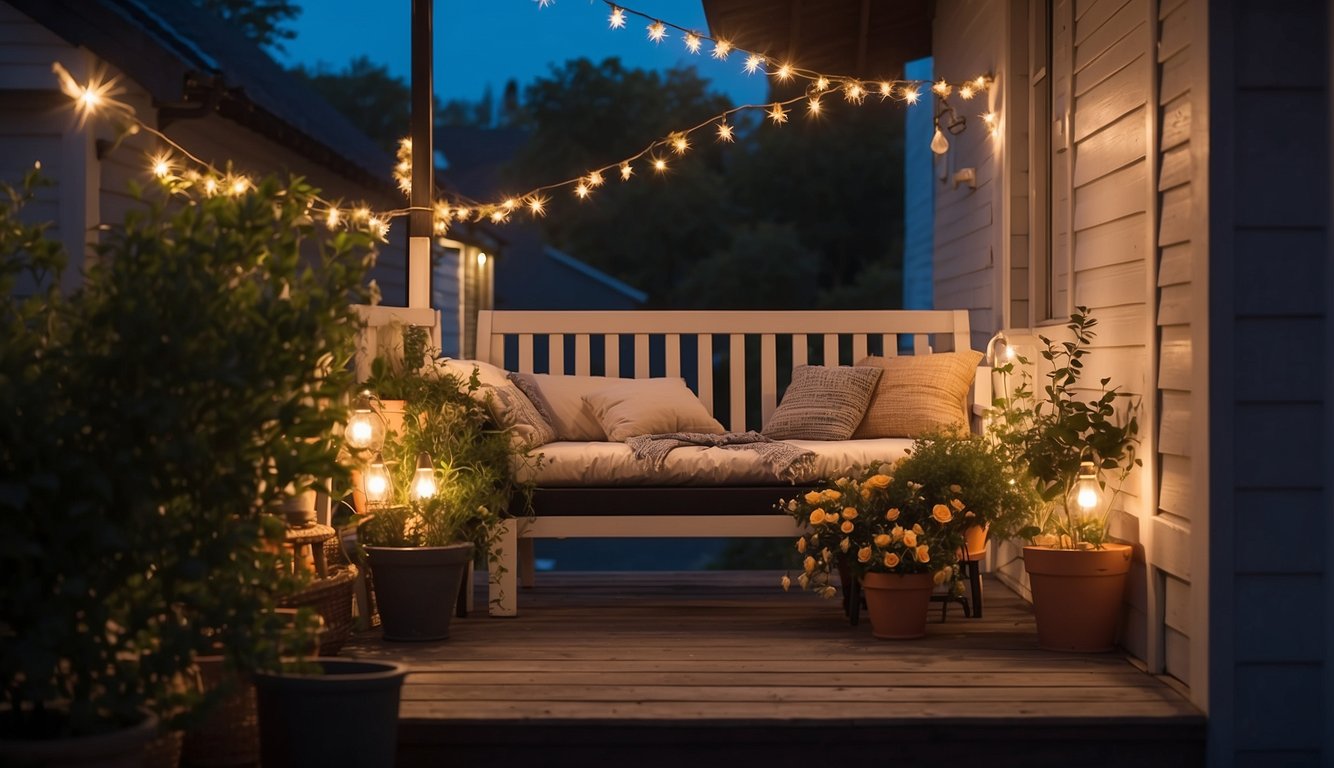 A small porch adorned with seasonal touches, featuring seven different lighting ideas for summer nights