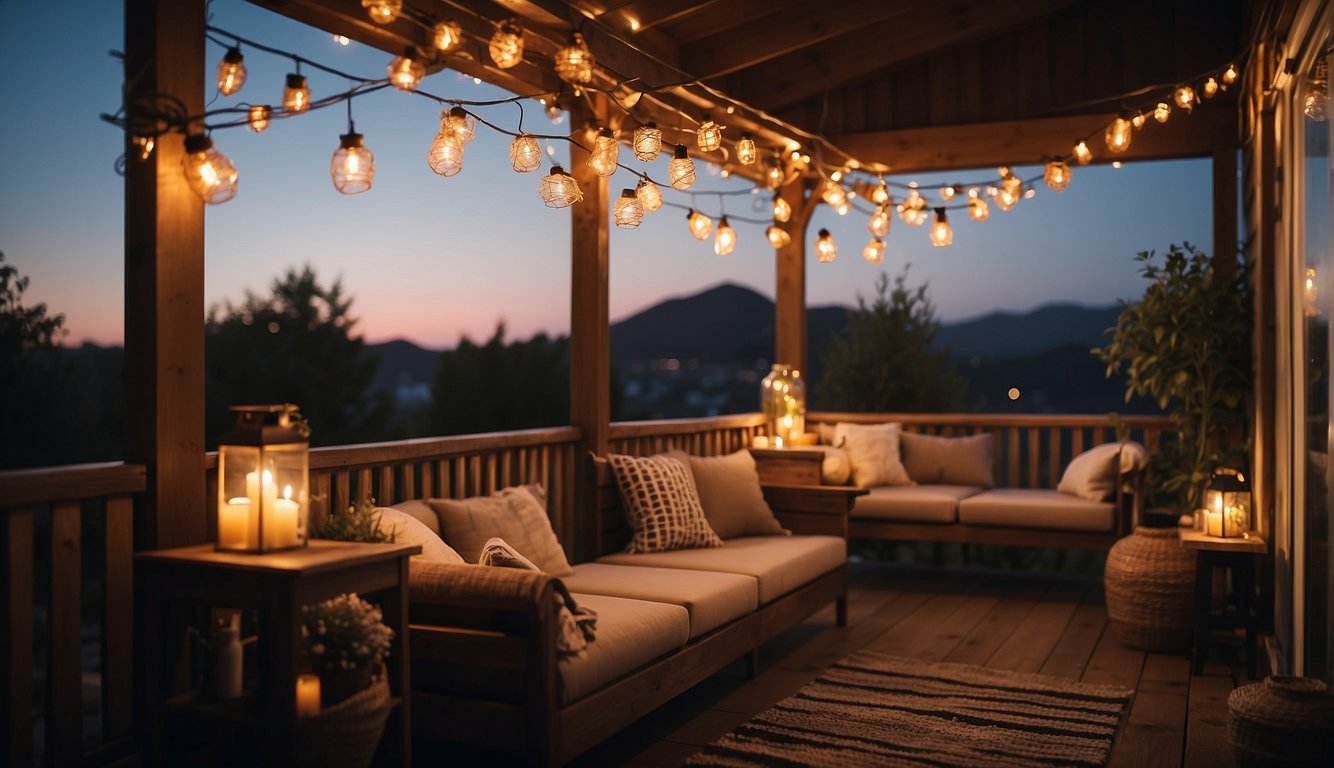 A small porch adorned with string lights, lanterns, and candles. A cozy seating area with warm, inviting lighting for summer nights