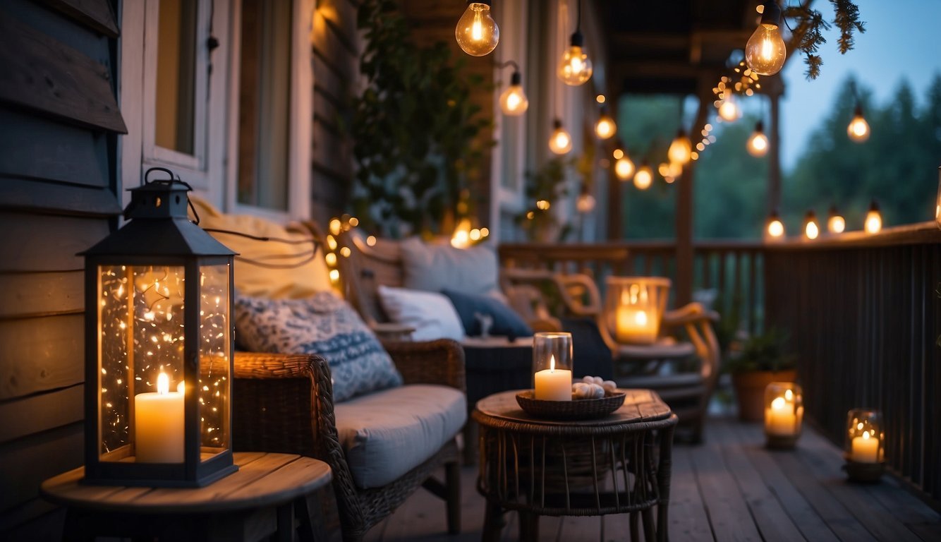 A small porch with cozy seating, string lights hanging overhead, lanterns on the floor, and candles in glass holders creating a warm and inviting atmosphere for summer nights