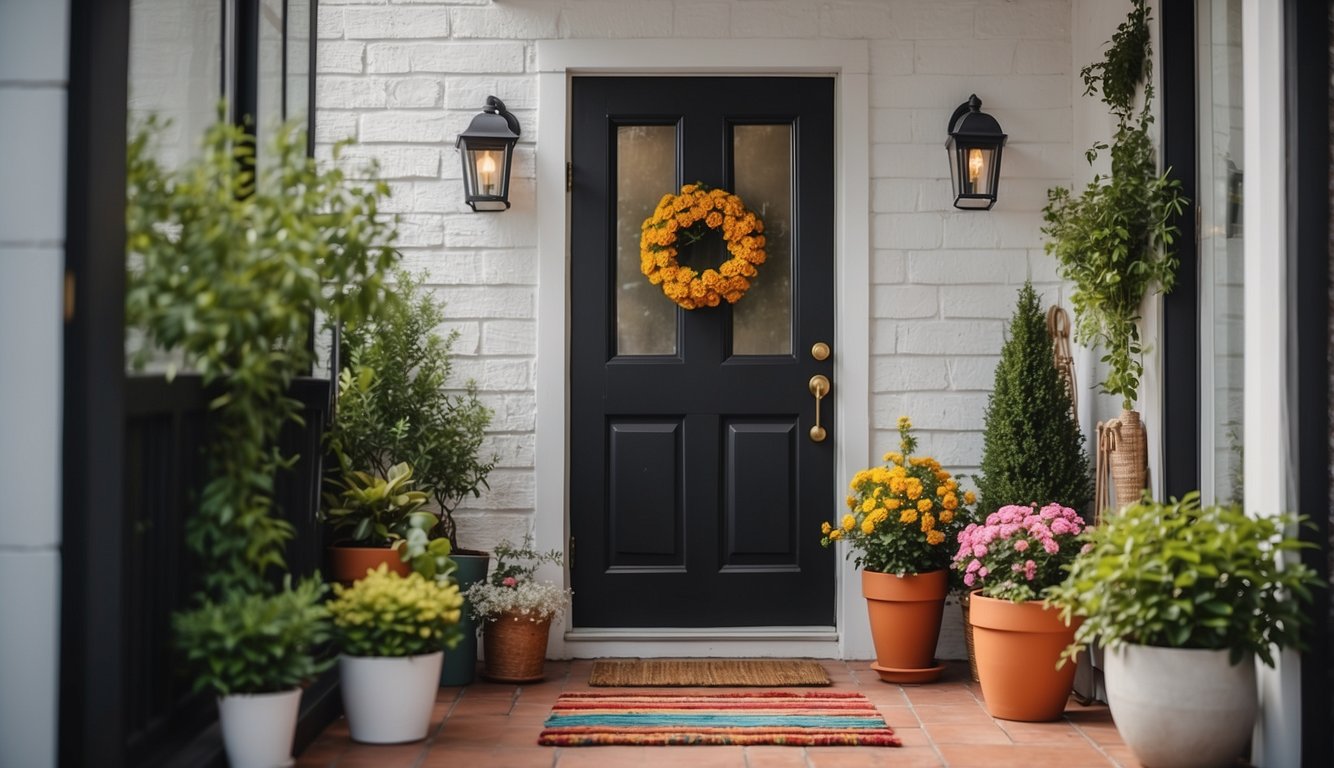 A small porch with colorful potted plants, a cozy seating area, and decorative lighting. A fresh coat of paint on the door and a stylish welcome mat complete the inviting look