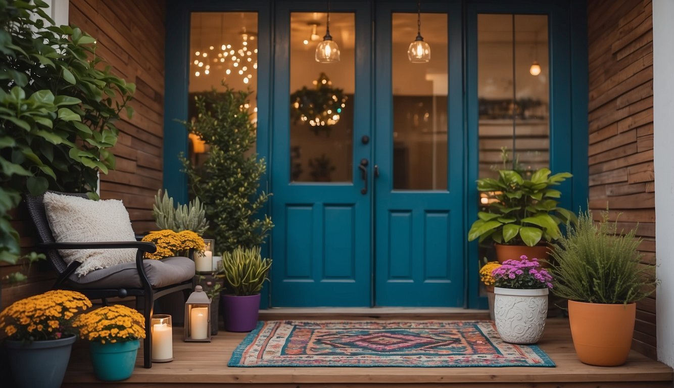 A small porch with budget-friendly decor: potted plants, string lights, cozy seating, and a colorful welcome mat
