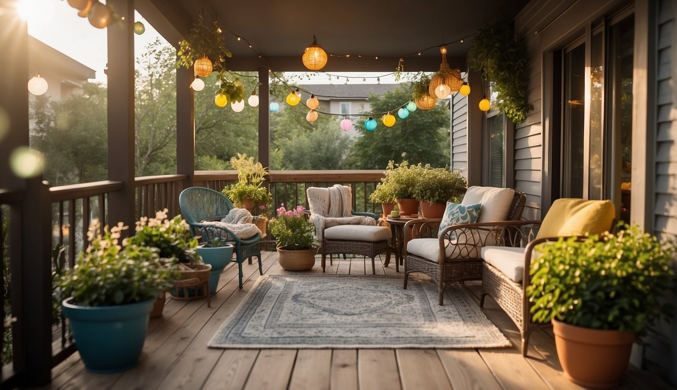 A small porch with colorful potted plants, cozy outdoor furniture, and string lights creating a warm and inviting atmosphere