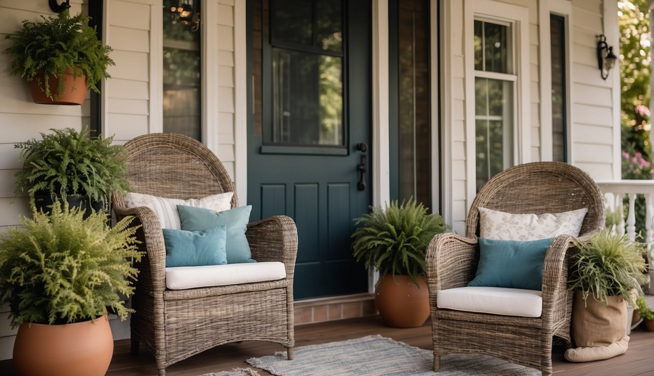 A small porch with budget-friendly furniture and decor selections that create a wow factor